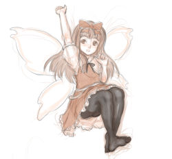 Rule 34 | 1girl, arm up, black pantyhose, bow, dress, feet, hair bow, kuro suto sukii, long hair, monochrome, pantyhose, simple background, sketch, smile, solo, star sapphire, toes, touhou, white background, wings