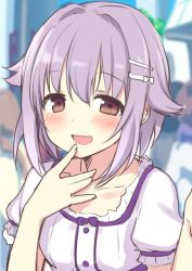 :d blush brown_hair commentary_request finger_to_mouth hair_ornament hairclip highres hiraga_matsuri idolmaster idolmaster_cinderella_girls koshimizu_sachiko open_mouth purple_hair short_hair smile upper_body