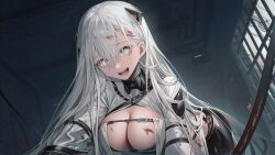 Rule 34 | 1girl, :d, android, black pants, blood, blood on face, breasts, cleavage, commentary request, day, grey eyes, grey hair, gynoid, hair between eyes, headgear, highres, indoors, jacket, koi han, large breasts, long hair, looking at viewer, open mouth, pants, smile, solo, very long hair, went refactor, white jacket, window, yazi (went refactor)