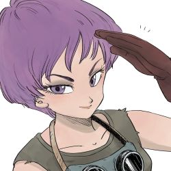Rule 34 | +++, 1girl, brown gloves, close-up, dragon ball, dragon ball (classic), eyelashes, gloves, goggles, goggles around neck, grey shirt, happy, highres, looking at viewer, purple eyes, purple hair, salute, shirt, short hair, simple background, sleeveless, sleeveless shirt, smile, solo, solo focus, tkgsize, upper body, violet (dragon ball), white background