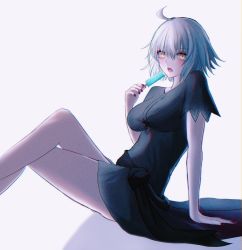 Rule 34 | 1girl, ahoge, alternate costume, black dress, crossed legs, dress, fate/grand order, fate (series), food, highres, jeanne d&#039;arc alter (fate), nail polish, popsicle, roro 982, simple background, solo, white background, white hair, yellow eyes