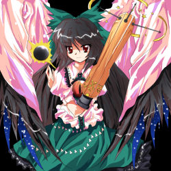 Rule 34 | 1girl, alphes (style), arm cannon, auer, bad id, bad pixiv id, black hair, dress, female focus, hair ribbon, long hair, parody, red eyes, reiuji utsuho, ribbon, shirt, short sleeves, smile, solo, star (symbol), style parody, touhou, weapon, wings