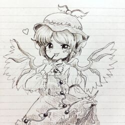 Rule 34 | 1girl, animal ears, bird wings, blush stickers, busujima tetoro, cowboy shot, dress, feathered wings, fingernails, greyscale, hat, heart, highres, lined paper, long fingernails, long sleeves, looking at viewer, monochrome, mystia lorelei, sharp fingernails, solo, tongue, tongue out, touhou, traditional media, wing hat ornament, wings