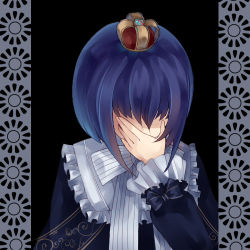 Rule 34 | bad id, bad pixiv id, blue hair, crown, dhiea, dhiea seville (pause), facepalm, hand over face, lowres, original, pause (dhiea), short hair, solo