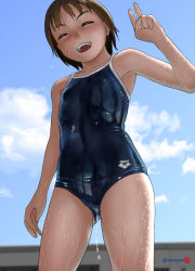 Rule 34 | 1girl, arena (company), artist name, blue one-piece swimsuit, blue sky, blurry, breasts, brown hair, building, closed eyes, cloud, competition school swimsuit, cowboy shot, day, depth of field, from below, highres, logo, mu-pyon, one-piece swimsuit, original, school swimsuit, short hair, sky, small breasts, solo, swimsuit, v, wet, wet clothes, wet swimsuit
