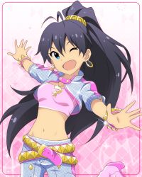 Rule 34 | 10s, 1girl, antenna hair, artist request, belt, black hair, blue eyes, boots, card (medium), earrings, fang, ganaha hibiki, gold trim, idolmaster, idolmaster (classic), idolmaster million live!, idolmaster million live! theater days, jacket, jewelry, long hair, looking at viewer, midriff, million dreams (idolmaster), navel, official art, one eye closed, open mouth, pants, pastel colors, pendant, pink diamond 765, ponytail, smile, solo, unmoving pattern, very long hair