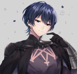 Rule 34 | 123asase, 1boy, armor, black armor, black gloves, blue eyes, blue hair, byleth (fire emblem), byleth (male) (fire emblem), fire emblem, fire emblem: three houses, gloves, greaves, grey background, hand up, highres, looking at viewer, medium hair, nintendo, simple background, smile, solo, upper body