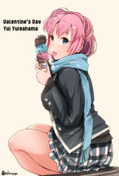 Rule 34 | 10s, 1girl, arakure, beige background, black eyes, black jacket, blue scarf, blush, character name, food, fringe trim, from behind, from side, holding, holding food, ice cream, ice cream cone, jacket, legs together, long sleeves, looking at viewer, looking to the side, miniskirt, pink hair, plaid, plaid skirt, scarf, side ponytail, simple background, sitting, skirt, solo, tongue, tongue out, twitter username, valentine, winter clothes, yahari ore no seishun lovecome wa machigatteiru., yuigahama yui