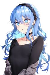 Rule 34 | 1girl, black choker, black hairband, black shirt, blue eyes, blue hair, braid, breasts, choker, collarbone, earrings, floating hair, french braid, hair between eyes, hairband, highres, hololive, hoshimachi suisei, jewelry, long hair, neginoki, open mouth, shirt, simple background, small breasts, solo, upper body, virtual youtuber, white background