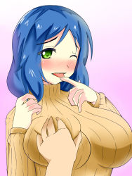 Rule 34 | 10s, 1boy, 1girl, blue hair, blush, grabbing another&#039;s breast, breasts, finger to mouth, grabbing, green eyes, gundam, gundam build fighters, heart, hetero, highres, huge breasts, iori rinko, iori sei, long hair, looking at viewer, mature female, ponytail, ribbed sweater, smile, sweater, teeth, tongue, tongue out, wink