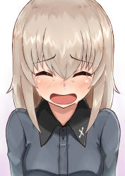 Rule 34 | 10s, 1girl, :d, ^ ^, absurdres, blush, crying, closed eyes, girls und panzer, highres, itsumi erika, long hair, looking at viewer, okitsugu, open mouth, runny nose, silver hair, smile, snot, solo