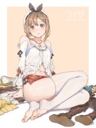 Rule 34 | 1girl, atelier (series), atelier ryza, atelier ryza 1, bare shoulders, boots, brown gloves, brown hair, character name, collarbone, fangxiang cuoluan, feet, flask, full body, gloves, hair ornament, hairclip, hat, highres, jewelry, looking at viewer, navel, necklace, red shorts, reisalin stout, round-bottom flask, short hair, short shorts, shorts, sitting, skindentation, solo, star (symbol), star necklace, thigh boots, thighhighs, toe ring, toeless legwear, toenails, unworn boots, unworn gloves, white hat, white thighhighs