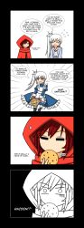 Rule 34 | 2girls, 4koma, alternate costume, apron, cape, comic, cookie, emphasis lines, english text, enmaided, food, frills, highres, hood, long hair, lunarisaileron, maid, maid apron, multiple girls, red hair, ruby rose, rwby, short hair, side ponytail, skirt, sweatdrop, tears, truth, weiss schnee, white hair