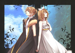 Rule 34 | 1boy, 1girl, aqua eyes, bad id, bad pixiv id, blonde hair, brother and sister, coat, dress, closed eyes, fantasy, fingerless gloves, gloves, hair ornament, hair ribbon, hairclip, holding hands, hetero, jewelry, kagamine len, kagamine rin, medieval, necklace, ribbon, short hair, siblings, smile, suzunosuke (sagula), synchronicity (vocaloid), twins, vocaloid, white dress