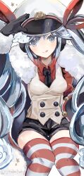 Rule 34 | 1girl, :q, absurdres, black coat, black gloves, black necktie, black shorts, blue eyes, blue hair, blush, breasts, buttons, coat, double-breasted, fur-trimmed coat, fur trim, gloves, hair ribbon, hat, hatsune miku, highres, jacket, long hair, looking at viewer, necktie, peaked cap, red ribbon, red shirt, red thighhighs, ribbon, shirt, short shorts, shorts, sitting, sleeveless, sleeveless jacket, small breasts, solo, striped clothes, striped thighhighs, thighhighs, tongue, tongue out, twintails, twitter username, utakapen, very long hair, vocaloid, white hat, white jacket, white thighhighs, yuki miku, yuki miku (2022)