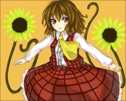 Rule 34 | 1girl, alternate eye color, alternate hair color, ascot, brown eyes, brown hair, collared shirt, female focus, flower, hair between eyes, kazami yuuka, orange background, outstretched arms, plaid, plaid skirt, plaid vest, shirt, short hair, skirt, skirt set, smile, solo, spread arms, sunflower, touhou, vest, yellow ascot