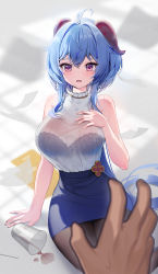 Rule 34 | 1girl, absurdres, ahoge, bare arms, bare shoulders, black bra, blue hair, blue skirt, bra, bra visible through clothes, breasts, brown pantyhose, ganyu (genshin impact), genshin impact, goat horns, hand on own chest, highres, horns, hyoin, large breasts, long hair, looking at viewer, miniskirt, open mouth, pantyhose, pencil skirt, pink eyes, ribbed shirt, see-through, shirt, shirt tucked in, sitting, skirt, sleeveless, sleeveless shirt, solo, sweatdrop, underwear, very long hair, wet, wet clothes, wet shirt, white shirt