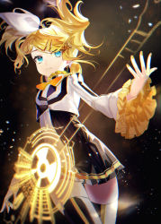 Rule 34 | 1girl, alternate costume, alternate hairstyle, black background, black bow, black thighhighs, blonde hair, blue eyes, blurry, bow, breasts, child, collar, commentary, cowboy shot, depth of field, dress, expressionless, eyewear around neck, flat chest, frilled collar, frilled sleeves, frills, gold trim, guitar, hair bow, hair ornament, hairclip, headphones, headphones around neck, hologram, instrument, jacket, kagamine rin, kagamine rin (roshin yuukai), looking at viewer, multicolored clothes, multicolored jacket, nail polish, outstretched arm, pleated dress, plectrum, project diva (series), reactor (module), roshin yuukai (vocaloid), sawashi (ur-sawasi), short hair, short twintails, small breasts, solo, striped clothes, striped thighhighs, swept bangs, thighhighs, twintails, two-tone bow, two-tone dress, two-tone jacket, vertical-striped clothes, vertical-striped thighhighs, vocaloid, white bow, yellow nails, zettai ryouiki