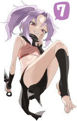 Rule 34 | 1girl, absurdres, bare shoulders, black gloves, black socks, commentary request, crop top, feet, fingerless gloves, forehead, full body, gloves, grin, hand up, highres, holding, holding weapon, kneehighs, kuji-in, kunai, kunoichi tsubaki no mune no uchi, looking at viewer, ninja, no shoes, parted bangs, pelvic curtain, ponytail, purple hair, red eyes, ringed eyes, sazanka (kunoichi tsubaki no mune no uchi), sidelocks, simple background, smile, socks, solo, stirrup legwear, toeless legwear, toes, weapon, white background, yamamoto souichirou