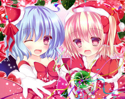 Rule 34 | 2girls, bad id, bad pixiv id, bat wings, blonde hair, blue hair, blush, bow, capelet, dress, fang, flandre scarlet, hair bow, hat, looking at viewer, multiple girls, one eye closed, open mouth, pink eyes, red dress, remilia scarlet, rika-tan (rikatantan), santa costume, santa hat, siblings, side ponytail, sisters, smile, touhou, white background, white dress, wings, wink
