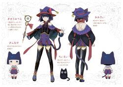 Rule 34 | alternate form, androgynous, animal ears, black legwear, blue eyes, bob cut, cat, cat ears, character sheet, chibi, ears through headwear, full body, gender request, hat, kuroi nyan, kuroinyan, pixiv fantasia, pixiv fantasia fallen kings, pixiv fantasia new world, short hair, simple background, tail, thighhighs, wand, white background, witch hat