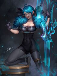 Rule 34 | 1girl, black bodysuit, black bow, bodysuit, bow, breasts, brown pantyhose, collarbone, covered navel, detached sleeves, green eyes, green hair, grey footwear, grin, gwen (league of legends), hair bow, hands up, highres, holding, holding scissors, knee up, large breasts, league of legends, long hair, looking at viewer, oversized object, pantyhose, puffy short sleeves, puffy sleeves, scissors, shiny clothes, shoes, short sleeves, signature, sirenlin, smile, solo, swept bangs, symbol in eye, table, teeth, twintails