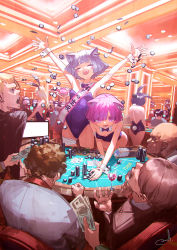 Rule 34 | 4girls, 6+boys, animal ears, arms up, baccarat, baccarat table, bandaged arm, bandaged leg, bandages, black hair, black leotard, blonde hair, blue hair, blush stickers, breasts, card, casino, casino card table, cat ears, commentary, cup, detached collar, drinking glass, earrings, closed eyes, faceless, faceless female, faceless male, fake animal ears, gambling, highres, indoors, jewelry, kittysuit, leaning forward, leotard, long hair, money, multiple boys, multiple girls, nontraditional playboy bunny, open mouth, original, pink eyes, pink hair, playboy bunny, playing card, poker chip, rabbit ears, rabbit girl, rabbit tail, reoen, short hair, slot machine, small breasts, strapless, strapless leotard, table, tail, translation request, wine glass, wrist cuffs