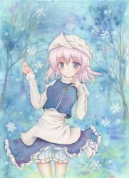 Rule 34 | 1girl, :o, apron, bare tree, bloomers, blue background, blue eyes, cerenity, forest, hand on own chest, hand up, hat, high collar, leaning back, letty whiterock, light purple hair, long sleeves, looking at viewer, nature, painting (medium), pin, short hair, skirt, skirt set, snowflakes, solo, touhou, traditional media, tree, underwear, waist apron, watercolor (medium), wind