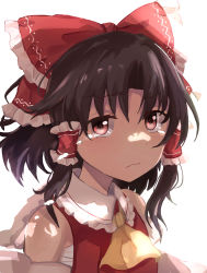 Rule 34 | 1girl, ascot, backlighting, bare shoulders, blush, bow, brown hair, crying, crying with eyes open, hair bow, hair tubes, hakurei reimu, highres, red bow, red eyes, sarashi, sidelocks, simple background, solo, tears, tigern, touhou, upper body, white background