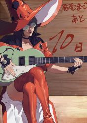 Rule 34 | 1girl, black gloves, black hair, enryoooo, fingerless gloves, glasses, gloves, guilty gear, guilty gear strive, guitar, hat, highres, i-no, instrument, jacket, medium hair, music, playing games, playing instrument, plectrum, red headwear, red jacket, red thighhighs, thighhighs, thighs, witch hat