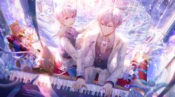 Rule 34 | absurdres, age comparison, aged down, ahoge, animal, animal on shoulder, bird, bird on shoulder, formal, highres, holding, holding paper, idolish7, instrument, looking at viewer, male focus, open mouth, paper, piano, piano bench, purple eyes, reku (pixiv3677982), short hair, suit, time paradox, underwear