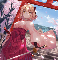 Rule 34 | 1girl, absurdres, ahoge, black bow, blonde hair, blue sky, bow, brown eyes, building, cherry blossoms, cloud, day, fate/grand order, fate (series), hair between eyes, hair bow, highres, hip vent, holding, holding sword, holding weapon, japanese clothes, katana, kimono, long sleeves, looking at viewer, okita souji (fate), okita souji (koha-ace), outdoors, petals, pink kimono, sheath, short hair, sidelocks, sky, solo, standing, sword, torii, tree, user yjmv4437, weapon, wide sleeves