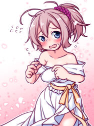 Rule 34 | 1girl, ahoge, alternate costume, aoba (kancolle), blue eyes, breasts, collarbone, commentary request, dress, embarrassed, flower, flying sweatdrops, frilled dress, frills, hair flower, hair ornament, kantai collection, kutone shirika, medium breasts, off-shoulder dress, off shoulder, open mouth, pink hair, ponytail, sideboob, solo, white dress