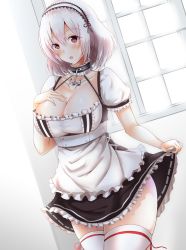 Rule 34 | 1girl, :o, absurdres, azur lane, blush, breasts, cleavage, collarbone, core1013, feet out of frame, fingernails, hairband, highres, large breasts, looking at viewer, maid, maid headdress, medium hair, open mouth, red eyes, silver hair, simple background, sirius (azur lane), solo, standing, thighhighs, white thighhighs, window