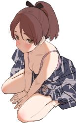 Rule 34 | 1girl, azuse neko, black ribbon, blush, bra, breasts, brown eyes, brown hair, cleavage, closed mouth, hair between eyes, hair ribbon, japanese clothes, kantai collection, looking at viewer, pink bra, ponytail, ribbon, shikinami (kancolle), simple background, sketch, small breasts, solo, underwear, white background