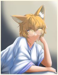 Rule 34 | 1girl, animal ears, bespectacled, blonde hair, fox ears, glasses, gradient background, highres, japanese clothes, kimono, light smile, looking at viewer, no headwear, short hair, solo, soretsu nitohei, touhou, upper body, wide sleeves, yakumo ran