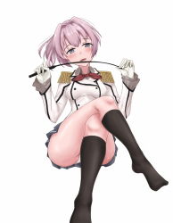 Rule 34 | alternate costume, black skirt, black socks, blush, commentary, cosplay, jacket, kantai collection, kashima (kancolle), kashima (kancolle) (cosplay), kneehighs, long hair, long sleeves, looking at viewer, military, military jacket, military uniform, miniskirt, naval uniform, neckerchief, open mouth, panties, pantyshot, pink hair, ponytail, purple eyes, red neckerchief, shiranui (kancolle), simple background, sitting, skirt, socks, solo, soutou (user wzuw4587), thighs, underwear, uniform, white background, white panties