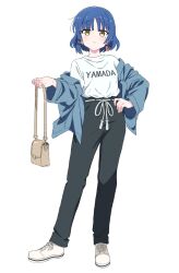 Rule 34 | 1girl, atsumi tomoya, bag, black pants, blue hair, blue jacket, blush, bocchi the rock!, closed mouth, commentary request, earrings, full body, hand on own hip, handbag, heart, heart earrings, highres, holding, holding bag, jacket, jewelry, looking at viewer, mole, mole under eye, open clothes, open jacket, pants, shirt, shoes, short hair, simple background, single earring, sneakers, solo, t-shirt, white background, white footwear, white shirt, yamada ryo, yellow eyes