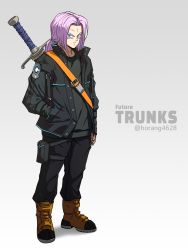 Rule 34 | 1boy, absurdres, alternate universe, black jacket, black pants, black shirt, blue eyes, boots, character name, closed mouth, dragon ball, dragon ball super, dragon ball super super hero, full body, hand in pocket, highres, horang4628, jacket, long hair, looking at viewer, low ponytail, male focus, pants, ponytail, pouch, purple hair, shirt, solo, standing, sword, sword behind back, trunks (dragon ball), trunks (future) (dragon ball), weapon