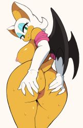 Rule 34 | 1girl, anus, ass, bat girl, bat wings, breasts, eyeshadow, furry, gloves, green eyes, grin, highres, huge ass, large breasts, looking at viewer, makeup, nipples, rouge the bat, shiny skin, sideboob, smile, solo, sonic (series), spread ass, sweat, tail, wings, yuta agc