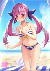 Rule 34 | 1girl, ahoge, ball, bare legs, beach, beach towel, beachball, bikini, blue hair, blue sky, blunt bangs, braid, breasts, bucket, cleavage, cloud, collarbone, colored inner hair, commentary request, day, hair ribbon, highres, hololive, long hair, looking at viewer, medium breasts, minato aqua, minato aqua (hololive summer 2019), multicolored hair, nail polish, navel, ocean, open mouth, outdoors, purple eyes, purple hair, ribbon, shovel, sidelocks, signature, sky, smile, solo, standing, striped bikini, striped clothes, swimsuit, thighs, tokoshibyra, towel, twintails, two-tone hair, virtual youtuber