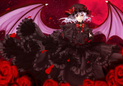 Rule 34 | 1girl, adapted costume, bat wings, black dress, black gloves, bow, brooch, capelet, dress, female focus, flower, frilled dress, frills, full moon, gloves, hat, hat ribbon, highres, jewelry, long sleeves, moon, night, petals, red eyes, red flower, red moon, red rose, remilia scarlet, ribbon, ring, rose, silver hair, sky, smile, solo, star (sky), too many, touhou, untue, wide sleeves, wings