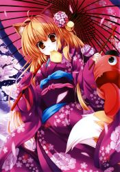 Rule 34 | 1girl, absurdres, aburaage, animal ears, brown eyes, brown hair, floral print, food, food in mouth, fox ears, fox tail, hair ornament, highres, holding, holding umbrella, huge filesize, japanese clothes, kimono, lantern, looking at viewer, maruchan., monster, obi, oil-paper umbrella, parasol, sash, standing, tail, tareme, tongue, umbrella