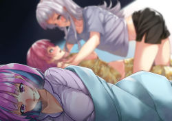 Rule 34 | 3girls, absurdres, all fours, black shorts, blanket, blurry, blurry background, blush, breasts, breasts out, breath, eye contact, girl on top, highres, hololive, houshou marine, implied masturbation, koubou (cowbow kun), large breasts, long hair, looking at another, lying, minato aqua, multiple girls, murasaki shion, nose blush, on back, on side, pajamas, pinned, purple eyes, purple hair, red hair, shirt, short shorts, shorts, silver hair, t-shirt, under covers, virtual youtuber, wavy mouth, white shirt, yuri