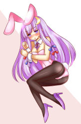 Rule 34 | 1girl, aisa (micuma), animal ears, ass, blush, bow, rabbit ears, rabbit tail, crescent, crescent hair ornament, detached collar, hair bow, hair ornament, high heels, highres, long hair, lying, on side, open mouth, pantyhose, patchouli knowledge, playboy bunny, purple eyes, purple hair, solo, tail, touhou, wrist cuffs