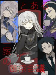 Rule 34 | angelica (project moon), argalia (project moon), black eyes, black hair, blue eyes, closed eyes, closed mouth, coat, collared shirt, cup, hand up, highres, iori (project moon), library of ruina, long hair, long sleeves, open mouth, plate, project moon, purple coat, roland (project moon), shirt, sitting, smile, steam, tea, teacup, teapot, toaru ikka no tea party (vocaloid), upper body, very long hair, w a n g, white hair, white shirt, wing collar