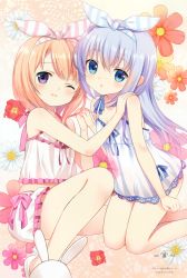 Rule 34 | 2girls, absurdres, animal slippers, babydoll, blue eyes, blue hair, blush, bow, brown hair, bunny slippers, fleur-de-lis, flower, gochuumon wa usagi desu ka?, hair ribbon, hand on another&#039;s shoulder, highres, holding hands, hoto cocoa, interlocked fingers, kafuu chino, koi (koisan), lingerie, long hair, looking at viewer, multiple girls, official art, one eye closed, parted lips, purple eyes, ribbon, scan, slippers, smile, striped ribbon, underwear