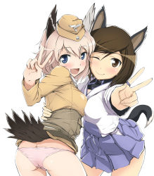 Rule 34 | 2girls, :d, ;), animal ears, ass, blue eyes, blush, breasts, brown eyes, brown hair, butt crack, garrison cap, hat, head wings, hi-ho-, kuroda kunika, looking at viewer, medium breasts, multiple girls, no pants, noble witches, one eye closed, open mouth, panties, raisa pottgen, short hair, silver hair, simple background, skirt, smile, strike witches, tail, underwear, v, white background, white panties, wings, wink, witches of africa, world witches series