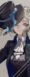 Rule 34 | 1girl, absurdres, ascot, black coat, black hat, black vest, blue bow, bow, brooch, coat, collared shirt, expressionless, film grain, freckles, frown, gem, grey background, grey hair, hat, hat bow, highres, holding, holding clothes, holding hat, jewelry, lace trim, ligne claire, natsugu72, open clothes, open coat, purple gemstone, reverse:1999, shirt, short hair, simple background, solo, sparkle, top hat, unworn hat, unworn headwear, vertin (reverse:1999), vest, water drop, white ascot, white shirt, yellow eyes