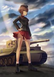 Rule 34 | 10s, 1girl, black hat, blazer, boots, breasts, brown footwear, brown hair, clenched hand, closed mouth, cloud, cross-laced footwear, day, full body, girls und panzer, gluteal fold, hair between eyes, hand on own hip, hat, icomochi, jacket, lens flare, light rays, medium breasts, military, military vehicle, motor vehicle, nishizumi maho, outdoors, pleated skirt, rain, red skirt, school uniform, short hair, sketch, skirt, sky, socks, solo, standing, sunbeam, sunlight, tank, tiger i, white socks